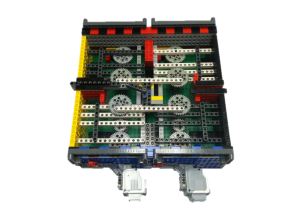 Open LEGO shaketable displaying gear trains inside