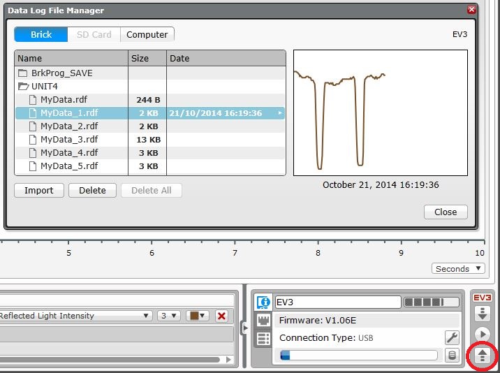 Experiment window showing the Data Log file manager window and the “Upload” arrow icon to open it in the bottom right corner